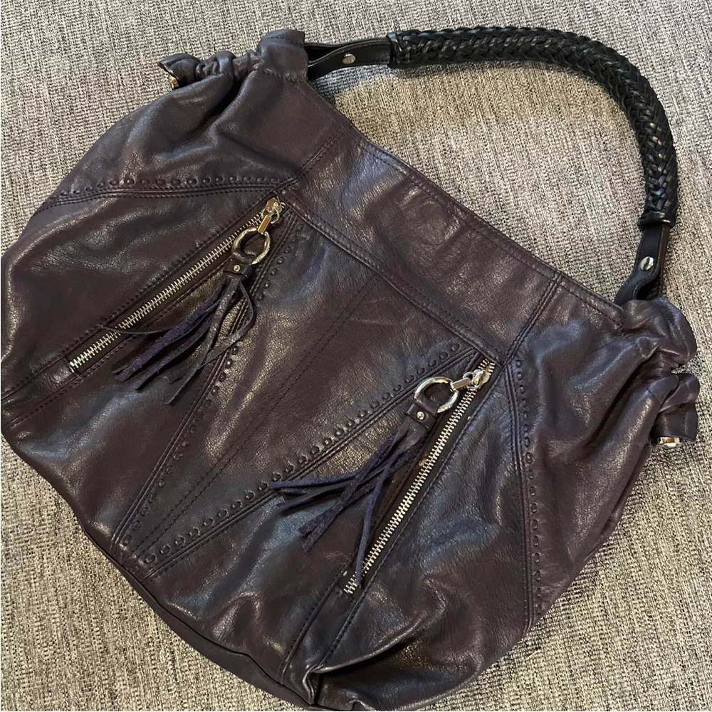 B MAKOWSKI  Leather Purple Hobo/Shoulder Bag Satchel Black Braided Handle Purse